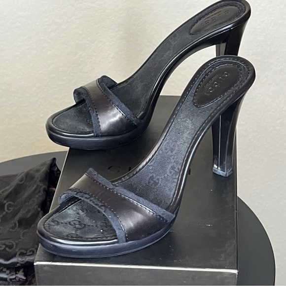 Gucci Logo high heel strapless sandals black leather size 8 - Picture 4 of 13